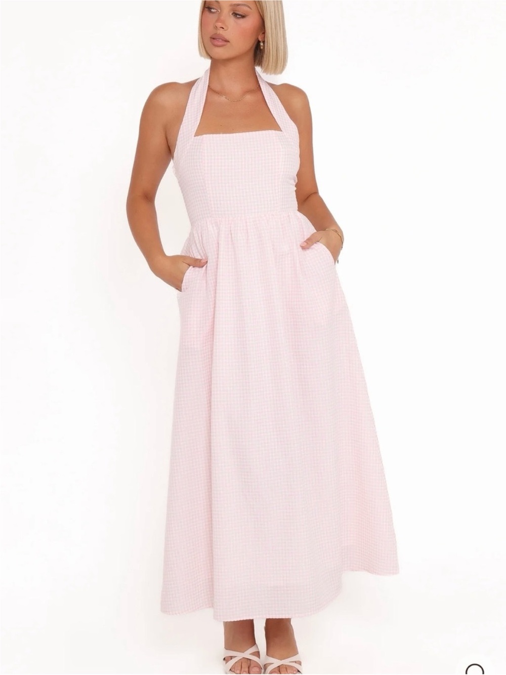 Petal and Pup- SZ 2 NWT Light Pink Gingham Halter Midi Dress - Picture 5 of 11